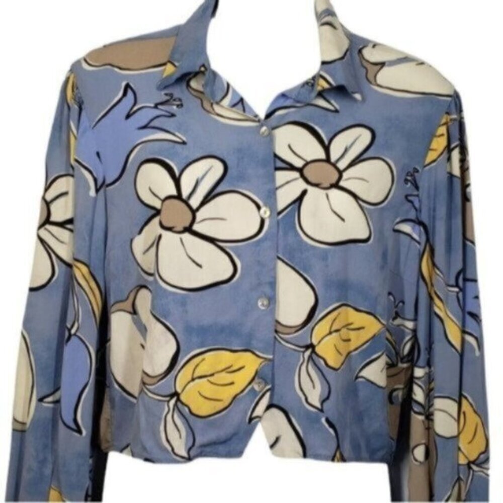 🔷Zara Cropped Long Sleeve Floral Print Button up Top Size Medium Blue Whi…